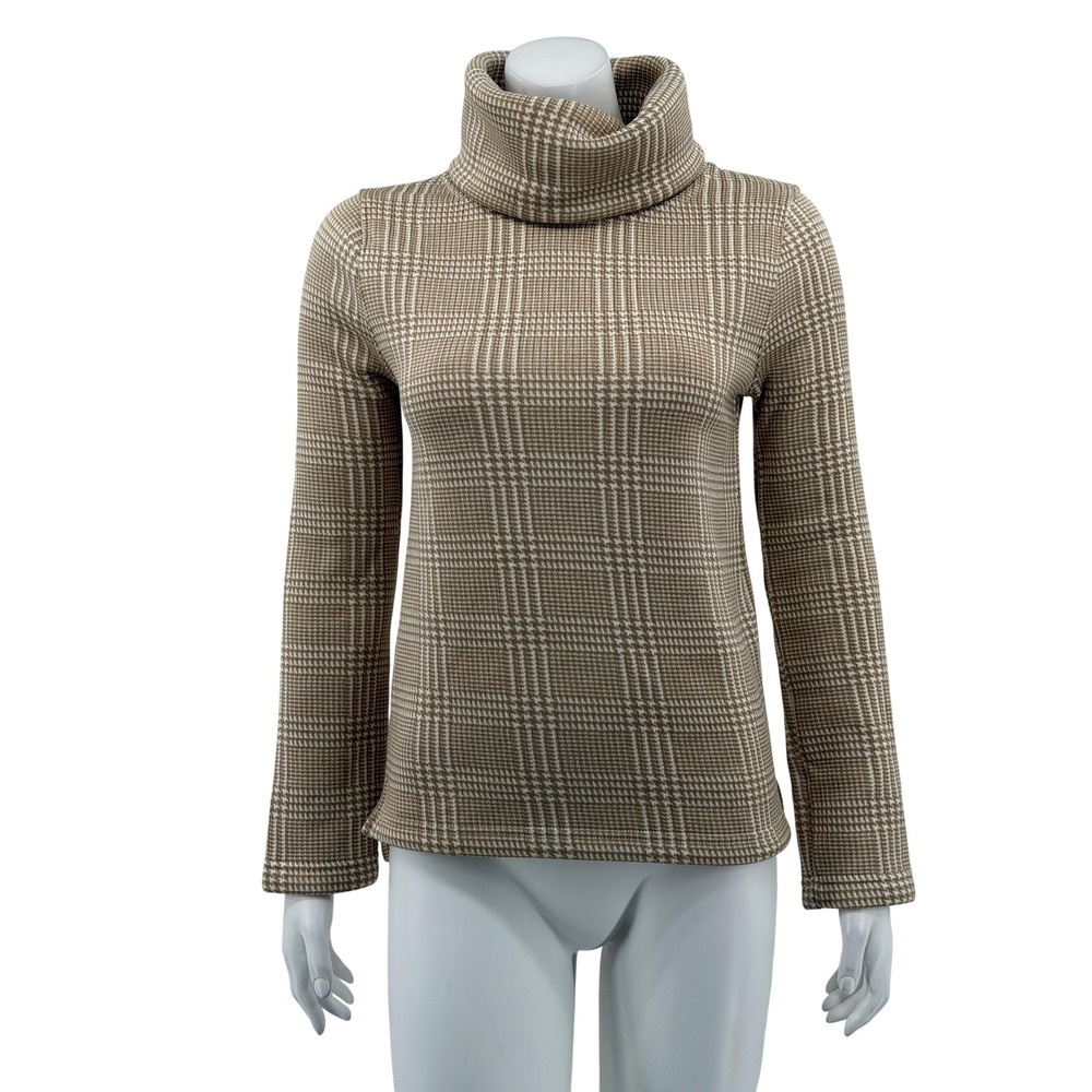 J Crew Sweater Womens XS Tan Plaid Turtleneck Long Sleeve Knit Preppy Academia
